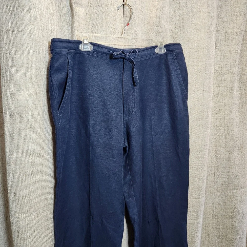 Cubavera Linen Blend Pants Men's LG‎ Navy Blue Drawstring Pockets Casual Relaxed